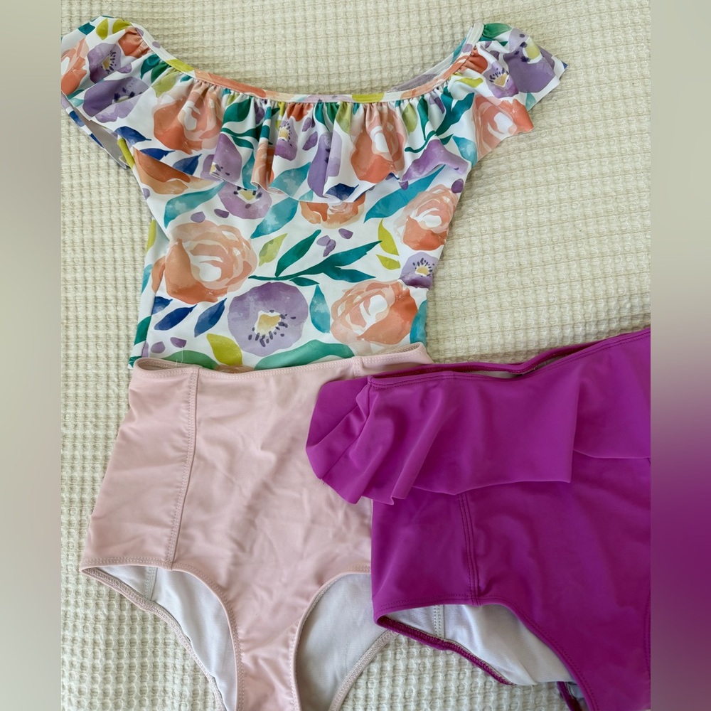Ruffled Floral One-Piece Swimsuit Top with Pink Bottoms